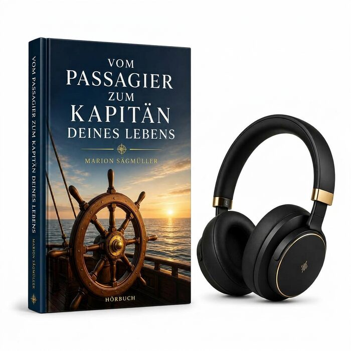 Hörbuch-Cover 'Vom Passagier zum Kapitän deines Lebens' von Marion Sägmüller mit Kopfhörern